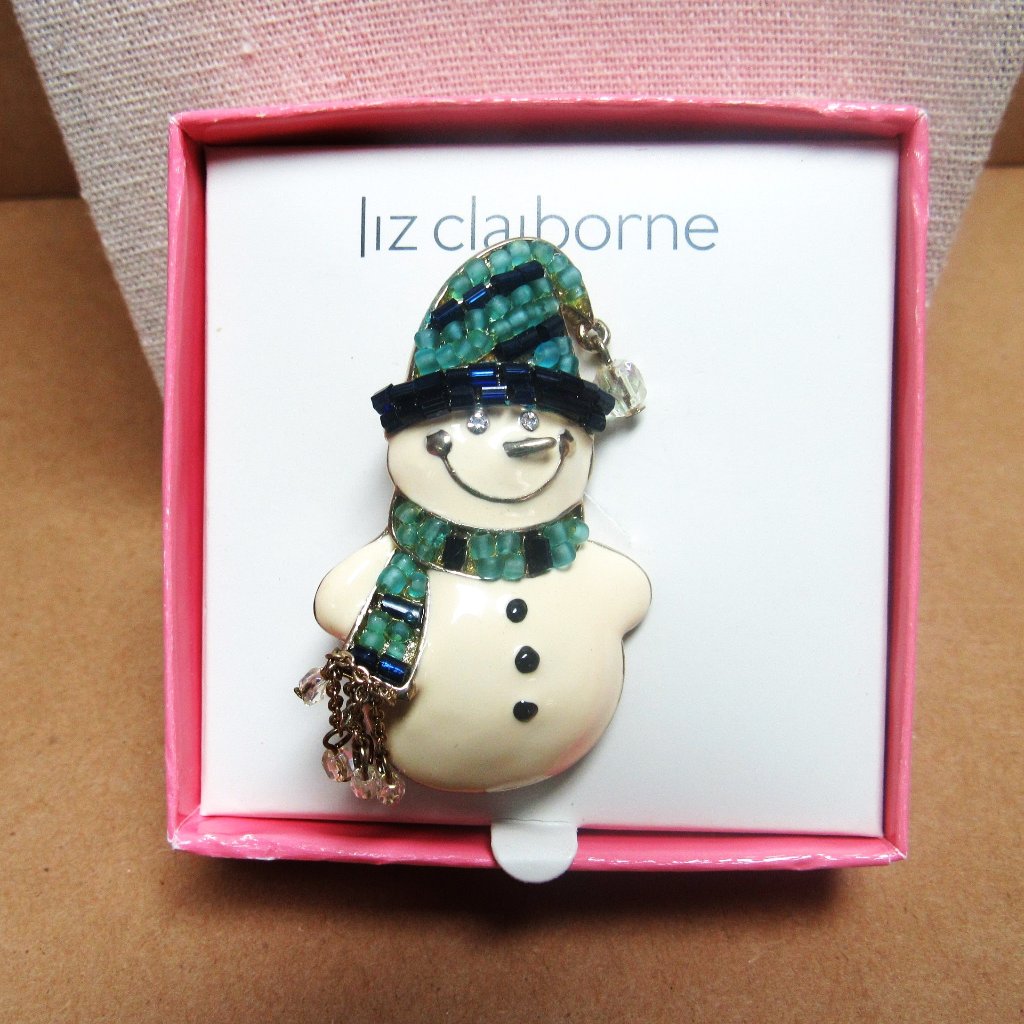 Vintage Liz Claiborne Enamel Christmas Smiling Snowman Pin Brooch In Box Blue Be 15$